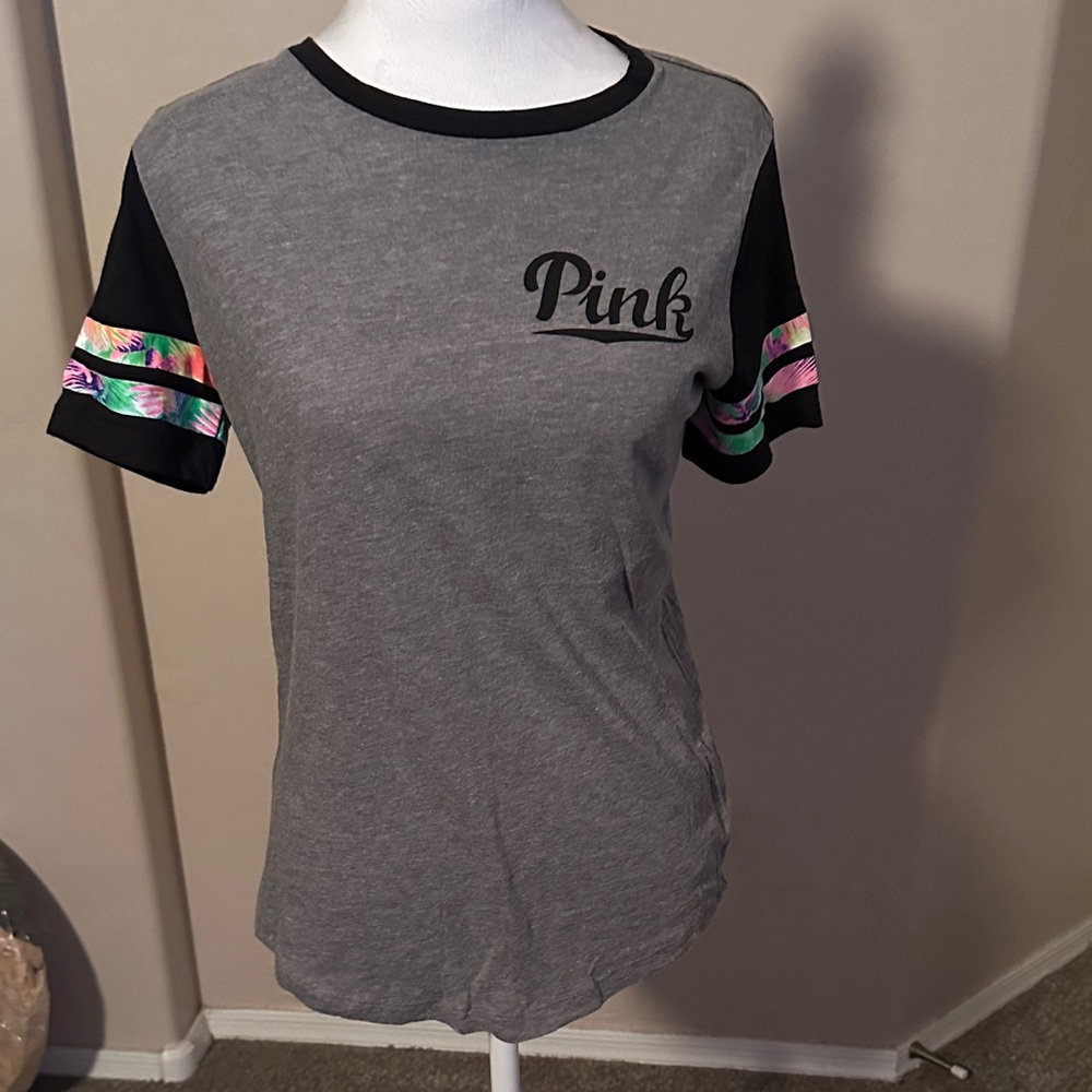 PINK Victoria's Secret Gray Tee with Black Sleeves